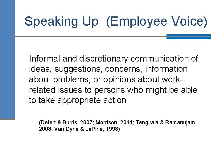 Speaking Up (Employee Voice) Informal and discretionary communication of ideas, suggestions, concerns, information about