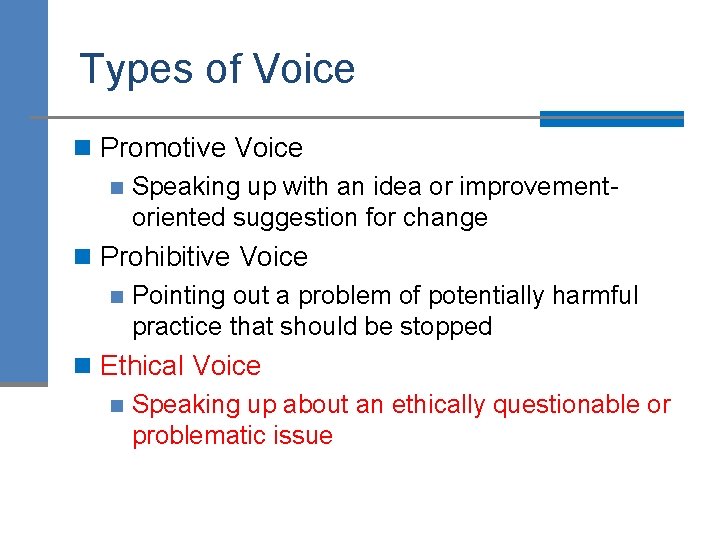 Types of Voice n Promotive Voice n Speaking up with an idea or improvementoriented