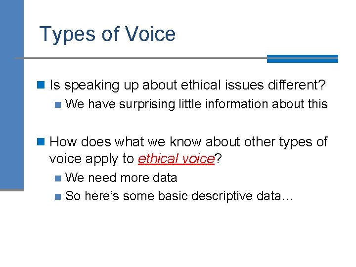 Types of Voice n Is speaking up about ethical issues different? n We have