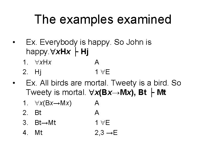 The examples examined • Ex. Everybody is happy. So John is happy. x. Hx
