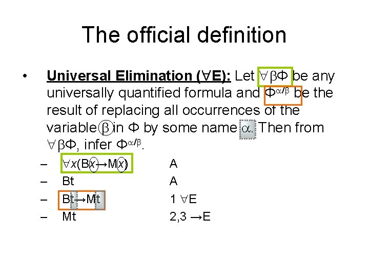 The official definition • Universal Elimination ( E): Let Φ be any universally quantified