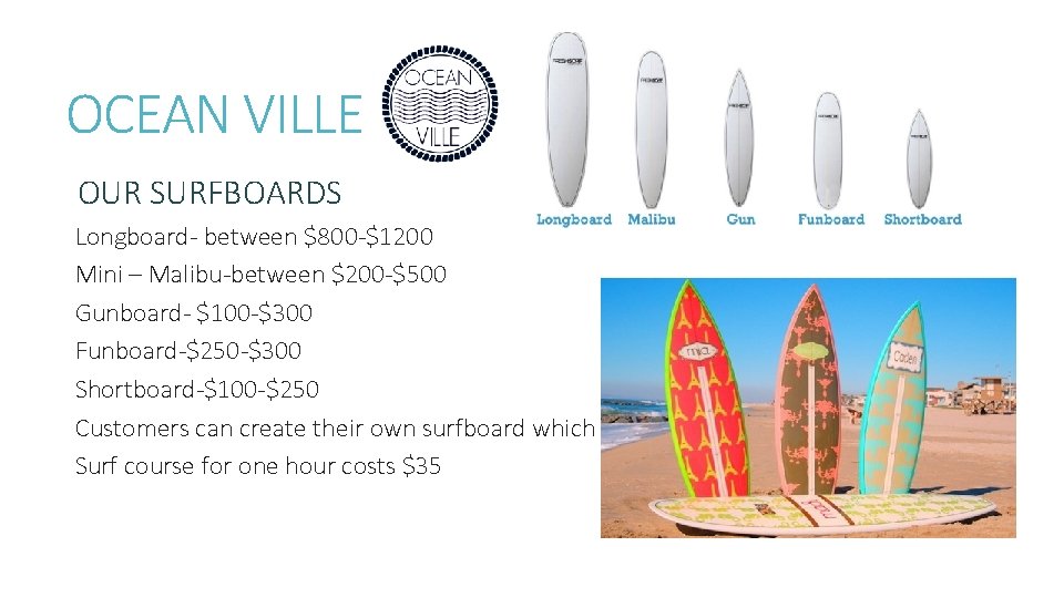 OCEAN VILLE OUR SURFBOARDS Longboard- between $800 -$1200 Mini – Malibu-between $200 -$500 Gunboard-