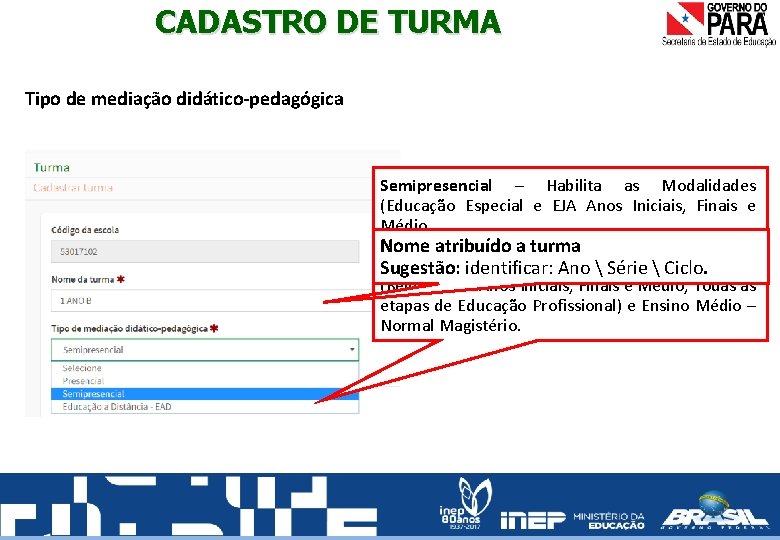 CADASTRO DE TURMA Tipo de mediação didático-pedagógica Semipresencial – Habilita as Modalidades (Educação Especial