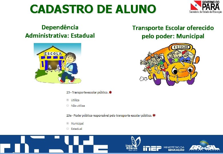 CADASTRO DE ALUNO Dependência Administrativa: Estadual Transporte Escolar oferecido pelo poder: Municipal 