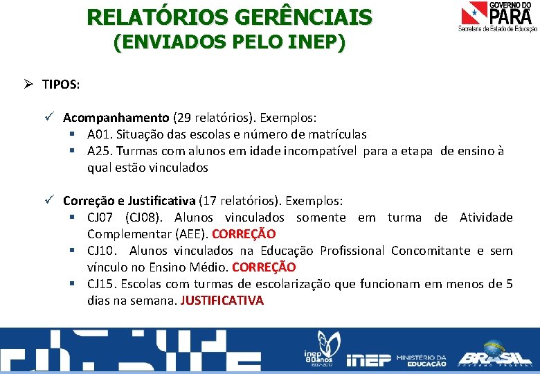 RELATÓRIOS GERÊNCIAIS (ENVIADOS PELO INEP) Ø TIPOS: Acompanhamento (29 relatórios). Exemplos: § A 01.