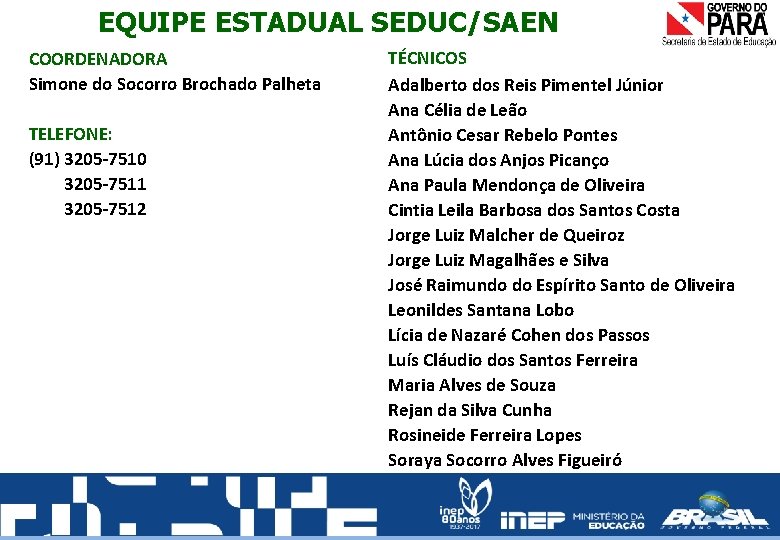 EQUIPE ESTADUAL SEDUC/SAEN COORDENADORA Simone do Socorro Brochado Palheta TELEFONE: (91) 3205 -7510 (91)