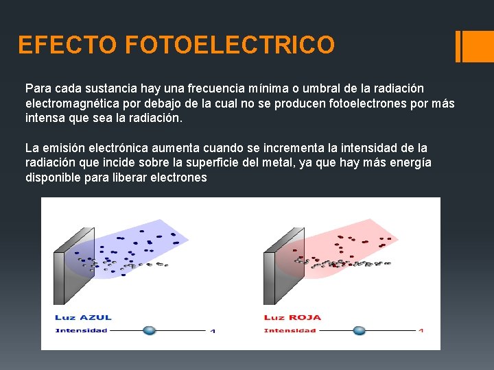 EFECTO FOTOELECTRICO Para cada sustancia hay una frecuencia mínima o umbral de la radiación