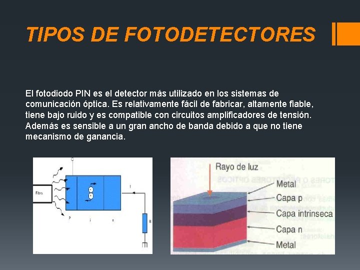 TIPOS DE FOTODETECTORES El fotodiodo PIN es el detector más utilizado en los sistemas