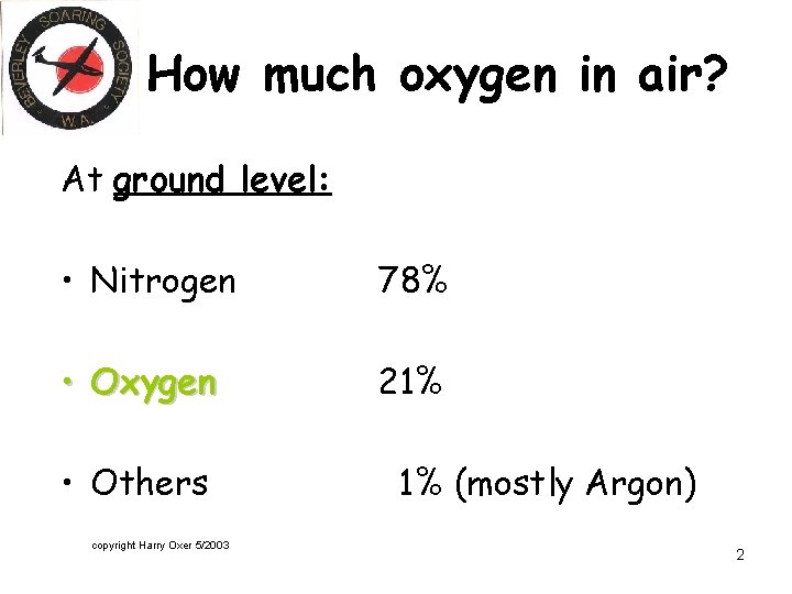 How much oxygen in air? At ground level: • Nitrogen 78% • Oxygen 21%