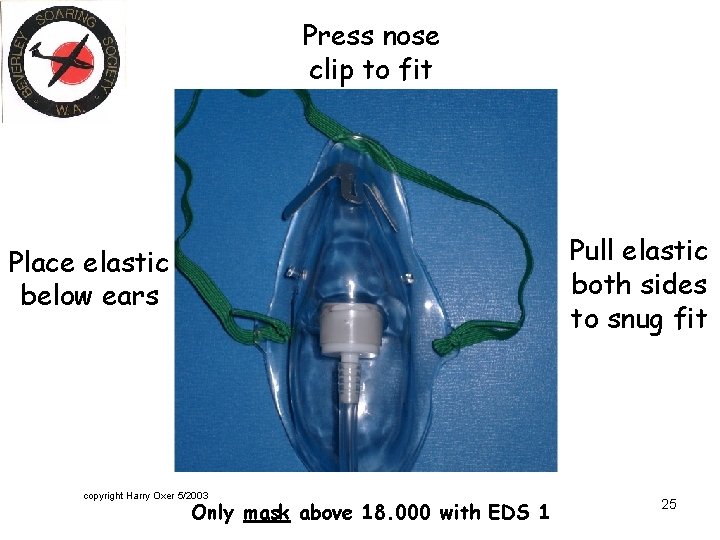 Press nose clip to fit Pull elastic both sides to snug fit Place elastic