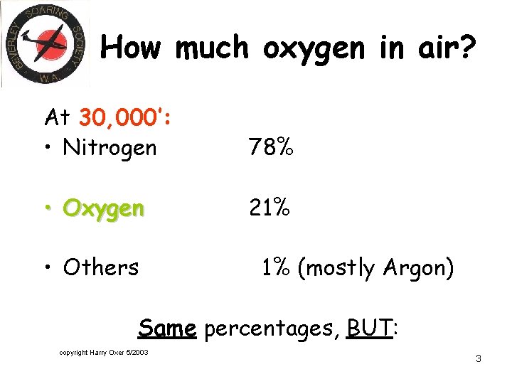 How much oxygen in air? At 30, 000’: • Nitrogen 78% • Oxygen 21%