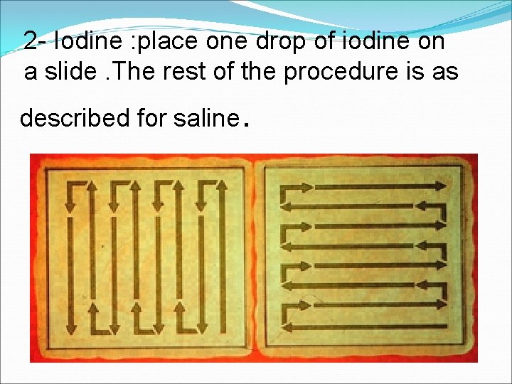 2 - Iodine : place one drop of iodine on a slide. The rest