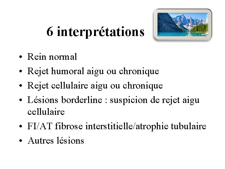 6 interprétations • • Rein normal Rejet humoral aigu ou chronique Rejet cellulaire aigu