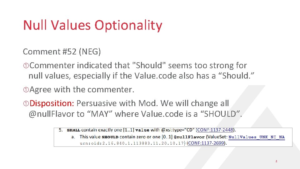 Null Values Optionality Comment #52 (NEG) Commenter indicated that "Should" seems too strong for