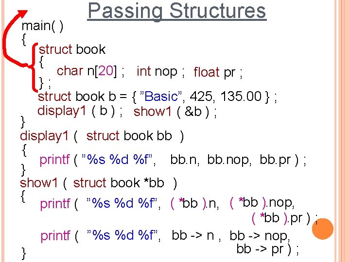 Passing Structures main( ) { struct book { char n[20] ; int nop ;