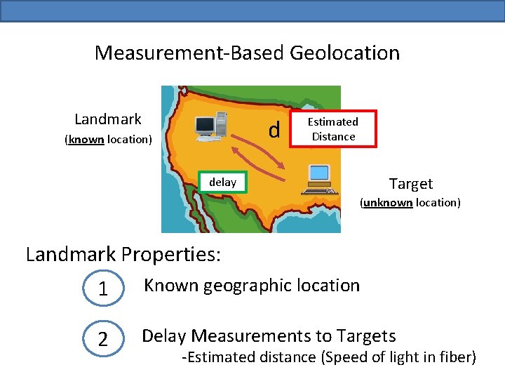 Measurement-Based Geolocation Landmark d (known location) Estimated Distance Target delay (unknown location) Landmark Properties: