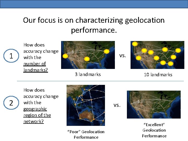 Our focus is on characterizing geolocation performance. 1 2 How does accuracy change with