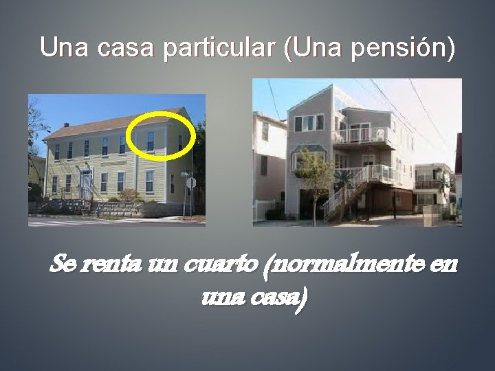 Una casa particular (Una pensión) Se renta un cuarto (normalmente en una casa) 