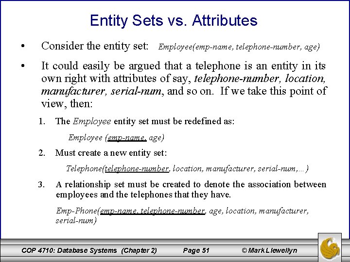 Entity Sets vs. Attributes • Consider the entity set: • It could easily be