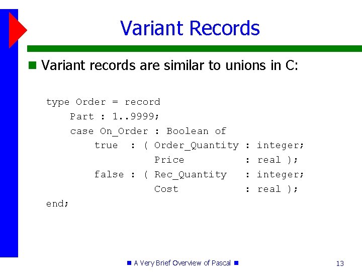 Variant Records Variant records are similar to unions in C: type Order = record