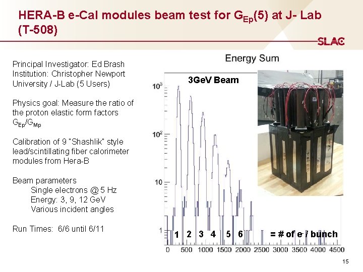 HERA-B e-Cal modules beam test for GEp(5) at J- Lab (T-508) Principal Investigator: Ed