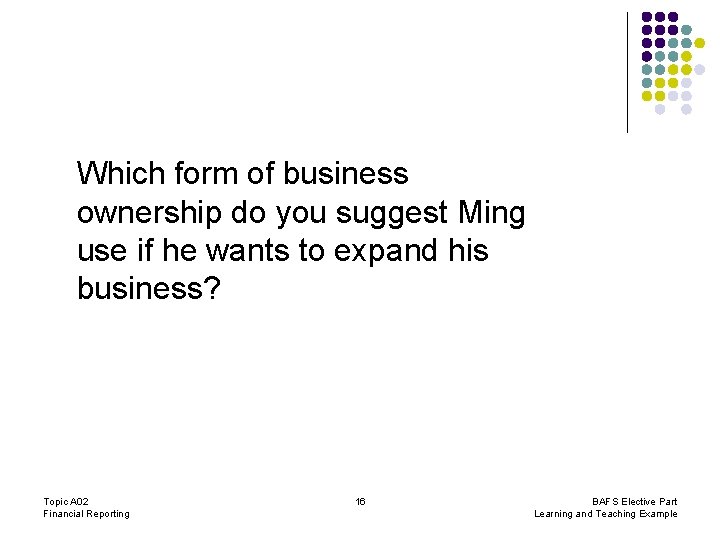 Which form of business ownership do you suggest Ming use if he wants to