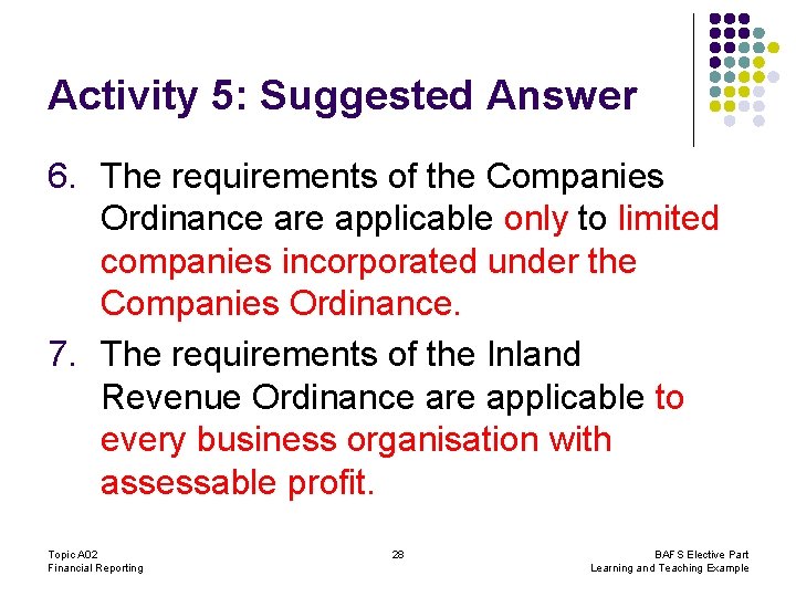 Activity 5: Suggested Answer 6. The requirements of the Companies Ordinance are applicable only