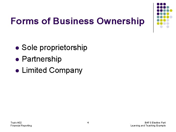 Forms of Business Ownership l l l Sole proprietorship Partnership Limited Company Topic A