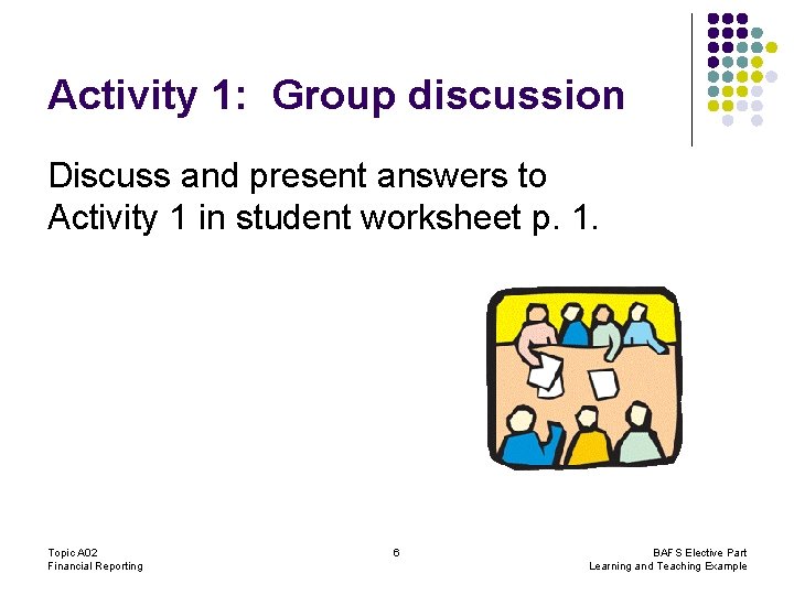 Activity 1: Group discussion Discuss and present answers to Activity 1 in student worksheet