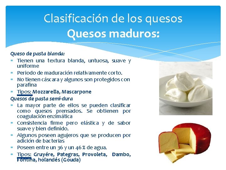 Clasificación de los quesos Quesos maduros: Queso de pasta blanda: Tienen una textura blanda,