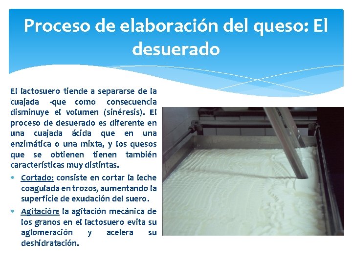 Proceso de elaboración del queso: El desuerado El lactosuero tiende a separarse de la