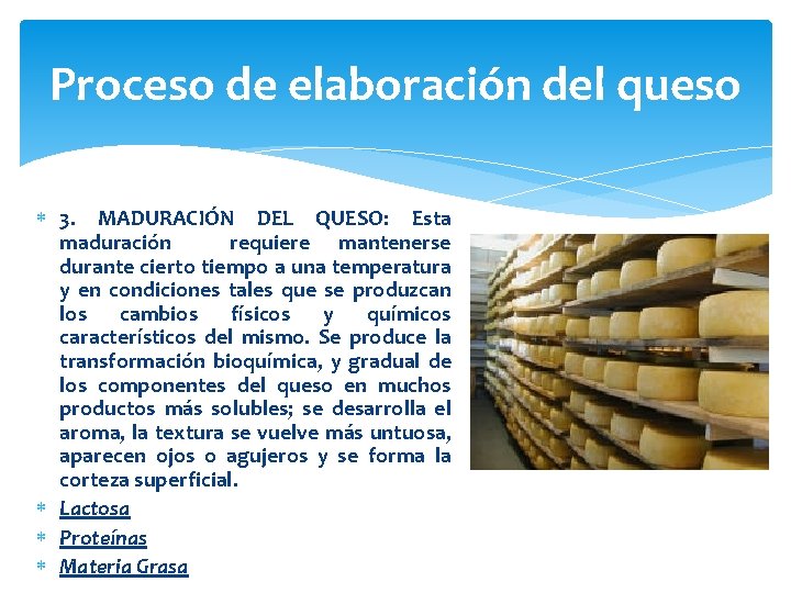 Proceso de elaboración del queso 3. MADURACIÓN DEL QUESO: Esta maduración requiere mantenerse durante