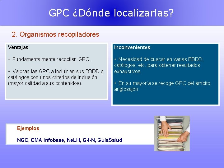 GPC ¿Dónde localizarlas? 2. Organismos recopiladores Ventajas Inconvenientes • Fundamentalmente recopilan GPC. • Necesidad