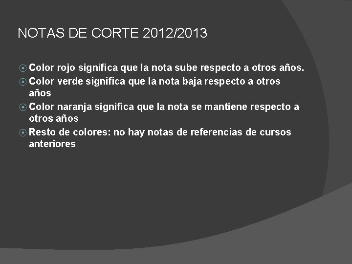 NOTAS DE CORTE 2012/2013 ⦿ Color rojo significa que la nota sube respecto a