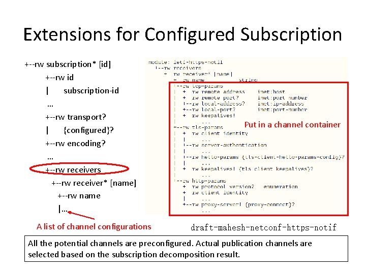 Extensions for Configured Subscription +--rw subscription* [id] +--rw id | subscription-id … +--rw transport?