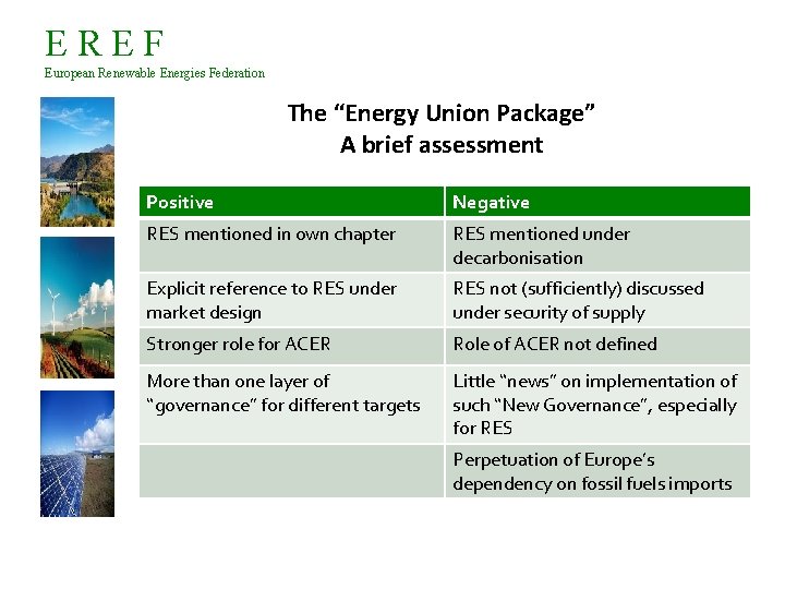 EREF European Renewable Energies Federation The “Energy Union Package” A brief assessment Positive Negative