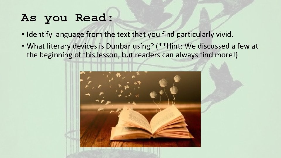 As you Read: • Identify language from the text that you find particularly vivid.