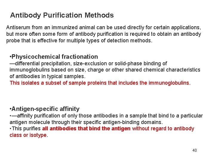 Antibody Purification Methods Antiserum from an immunized animal can be used directly for certain