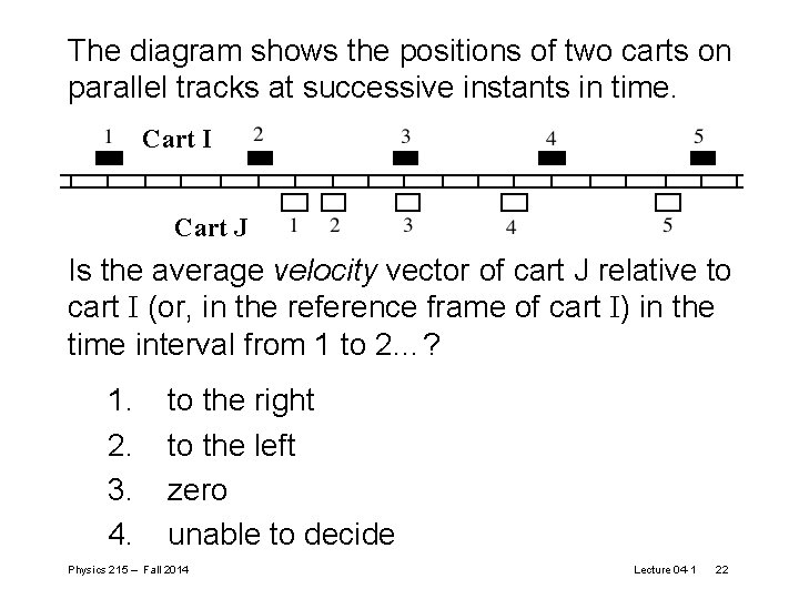 The diagram shows the positions of two carts on parallel tracks at successive instants