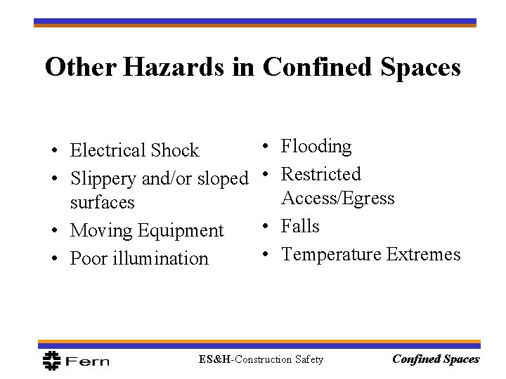 Other Hazards in Confined Spaces • Electrical Shock • Slippery and/or sloped surfaces • Other Hazards in Confined Spaces • Electrical Shock • Slippery and/or sloped surfaces •