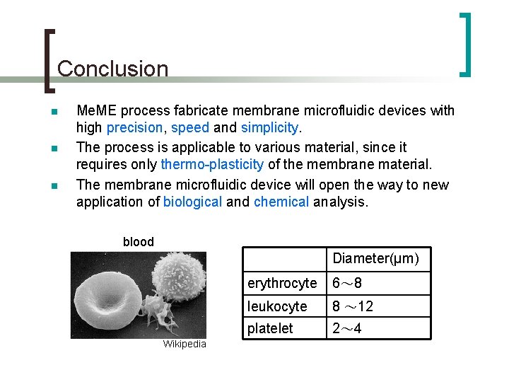 Conclusion n Me. ME process fabricate membrane microfluidic devices with high precision, speed and