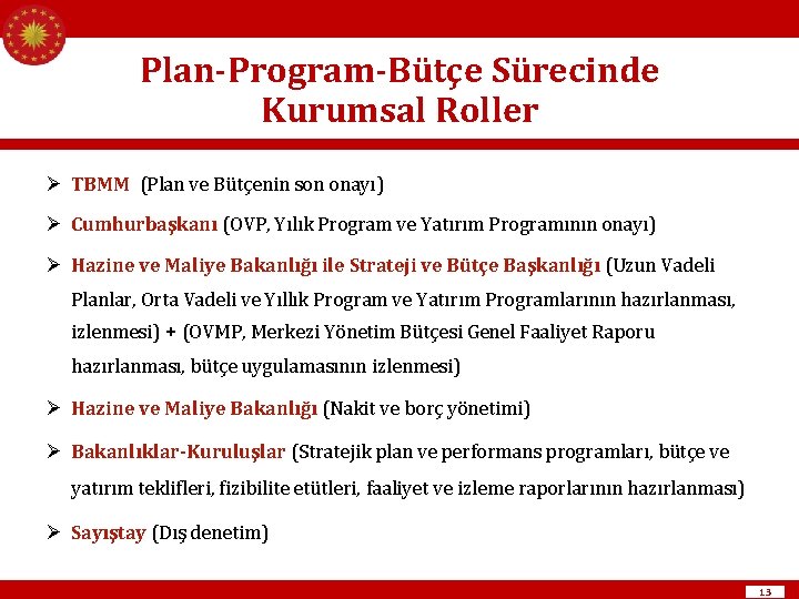 Plan-Program-Bütçe Sürecinde Kurumsal Roller Ø TBMM (Plan ve Bütçenin son onayı) Ø Cumhurbaşkanı (OVP,