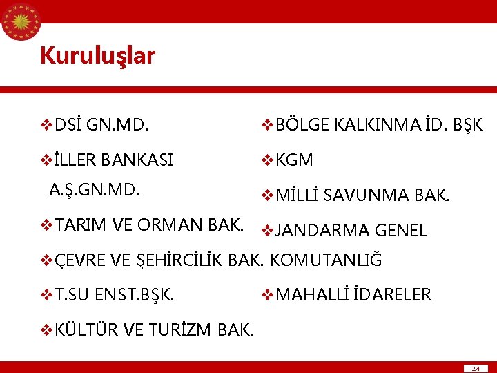 Kuruluşlar v. DSİ GN. MD. v. BÖLGE KALKINMA İD. BŞK vİLLER BANKASI v. KGM