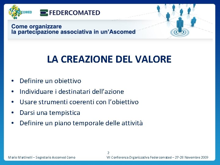 LA CREAZIONE DEL VALORE • • • Definire un obiettivo Individuare i destinatari dell’azione