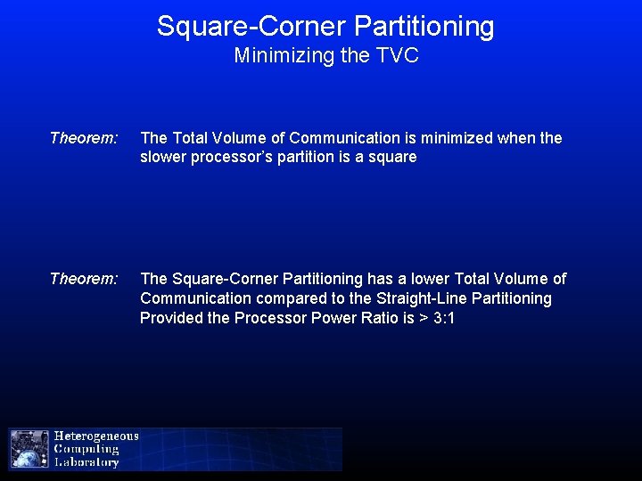 Square-Corner Partitioning Minimizing the TVC Theorem: The Total Volume of Communication is minimized when