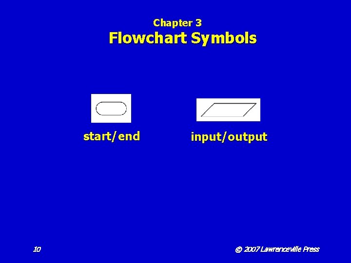 Chapter 3 Flowchart Symbols start/end 10 input/output © 2007 Lawrenceville Press 