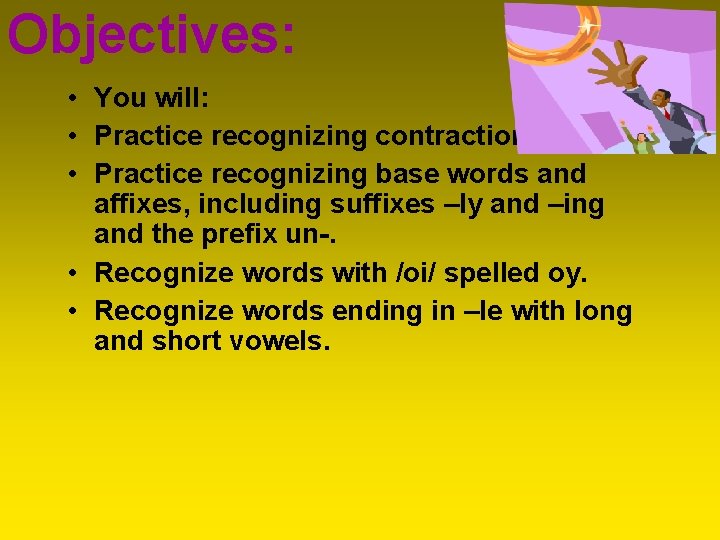 Objectives: • You will: • Practice recognizing contractions. • Practice recognizing base words and