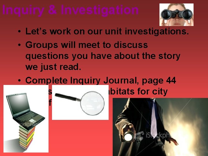 Inquiry & Investigation • Let’s work on our unit investigations. • Groups will meet