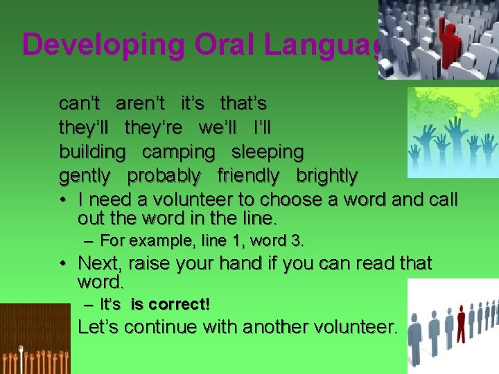 Developing Oral Language can’t aren’t it’s that’s they’ll they’re we’ll I’ll building camping sleeping