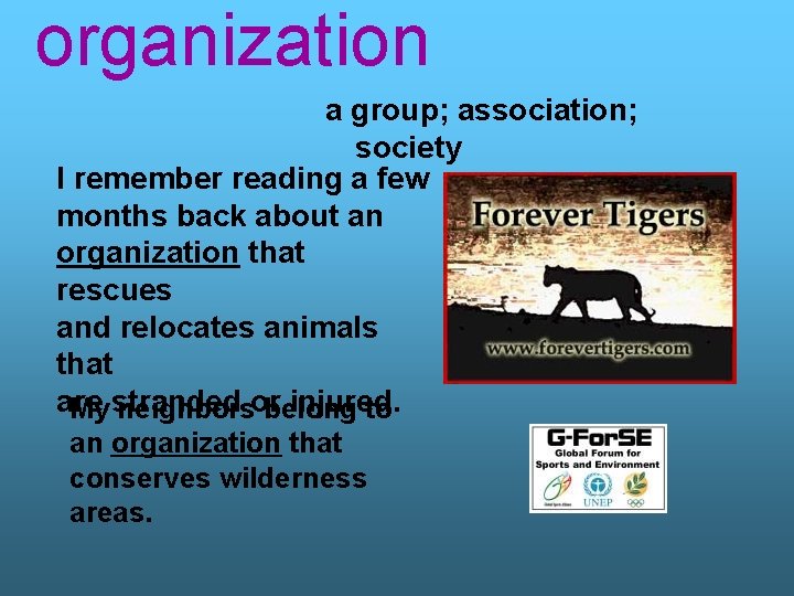 organization a group; association; society I remember reading a few months back about an